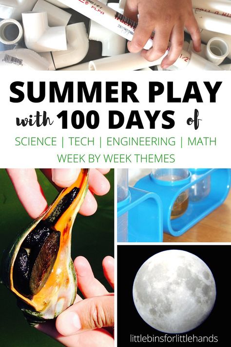 100 days of summer STEM and science activities for kids! Weekly science and STEM themes for families, camp counselors, and teachers to use for kids in preschool, kindergarten, and grade school. Easy indoor science and outdoor science ideas using inexpensive supplies. Hands on learning and play with fun science activities and STEM projects. Includes LEGO challenges, physical sciences, shark week, chemistry, Independence day, ocean and space activities, edible food science, engineering, and te... Stem Themes, Science Summer Camp, Summer Stem Activities, Stem Summer Camp, 100 Days Of Summer, Outdoor Science, Stem Camp, Science Magic, Summer Stem