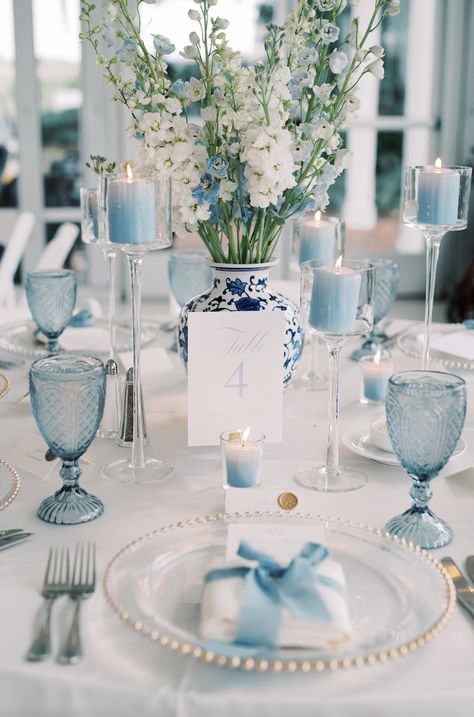 Bluegrass Chic | White & Light Blue Wedding at Adams Estate Classic Clean Coastal Aesthetic Vased Centerpiece Wedding Table Decor Blue And White, Blue Beach Wedding Aesthetic, Blue Color Palette For Wedding, Southern Wedding Table Settings, White And Blue Wedding Table Settings, Wedding Themes Light Blue, Blue White Centerpieces, Blue And White Vase Centerpiece, Seaglass Centerpiece Wedding