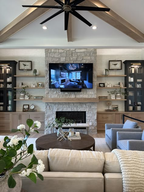 Comfy Living Room With Tv, Living Room Build Out, Large Comfy Living Room, Modern Farmhouse Living Room Tv Wall, House Interior Family, Townhouse Interior Living Room, Dream House Living Room Modern, Living Room Big Tv, Family House Living Room