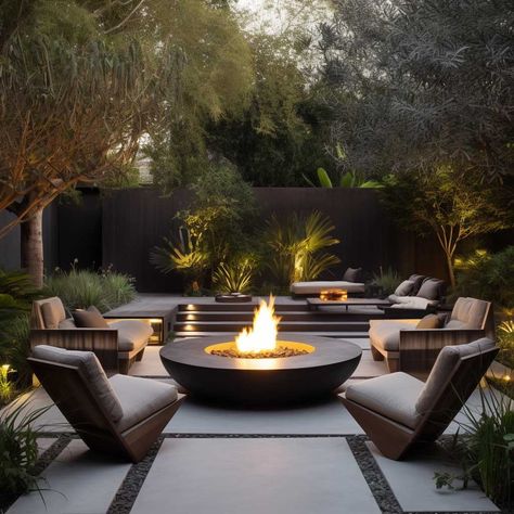 Garden Patio With Fire Pit, Fire Pit Modern Outdoor, Modern Backyard Fire Pit Ideas, Spa And Fire Pit Area, Landscaped Fire Pit Area, Elegant Fire Pit, Outdoor Fire Ideas, Outdoor Fire Feature, Fireplace Garden Outdoor Fire Pits