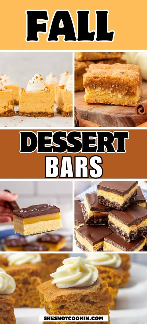 Fall dessert bars recipes photo collage with text overlay. October Desert Ideas, Easy Fall Bar Recipes, Fall Desserts For A Party, Easy Fall Finger Desserts, Easy Delicious Baked Goods, Fall Treats For Neighbors, Desserts For A Big Crowd, Fall Dessert Bars Easy, September Desserts Easy