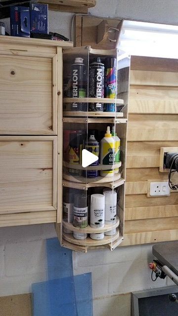 Diy Small Cabinet Storage, Paint Can Organization Garage, Small Garage Woodshop, Small Workshop Storage, Shop Vac Storage Ideas, Diy Garage Storage Ideas Organizing, Workshop Storage Ideas Organisation, Paint Can Storage Ideas, Van Storage Ideas Tools