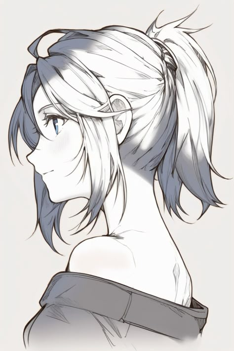 Female Hairstyles Drawing Ponytail, Anime Face Side Profile, Ponytail Drawing Reference Side View, Front Facing Poses Drawing Reference, Short Ponytail Drawing, Anime Looking Over Shoulder, Wolf Cut Drawing Reference Hair, Anime Wavy Hair Female, Hair Styles Drawing Reference Female