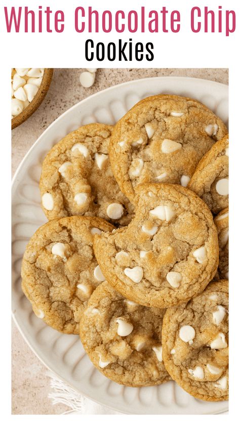 If you love white chocolate, then you're going to love these all white chocolate chip cookies that are quick to make and require no chilling time! This chocolate chip cookie recipe with white chocolate chips are soft, chewy, and full of white chocolate flavor! There's no mixer needed and made with melted butter. White Chocolate Chips Cookies, Cookie With White Chocolate Chips, Chewy White Chocolate Chip Cookies, Chocolate Chips Recipe Desserts, Chocolate Chip Cookies No Mixer, White Chocolate Chip Recipes, Chocolate Cookies With White Chips, Cholate Chip Cookies, White Chocolate Chip Cookie Recipe