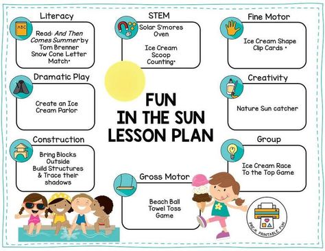 Don't miss out! Download this free lesson plan for the Fun in the Sun theme for your preschoolers to enjoy their summer! Visit #prekprintablefun to download! The Sun Preschool, Safety Lesson Plans, Sun Activities, Summer Lesson Plans, Daycare Spaces, Summer Fun Activities, Fun Lesson Plans, Summer Lesson, Summer Preschool Activities