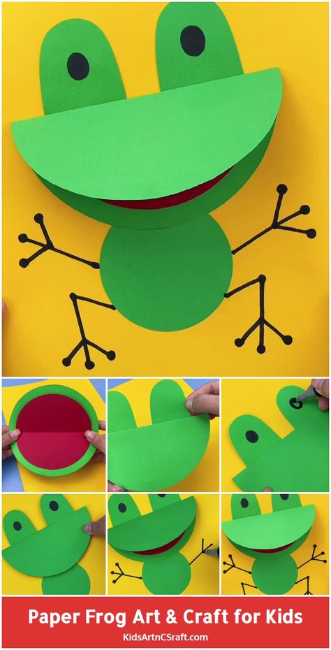 Paper Frog Craft for Kids – Step by Step Tutorial - Kids Art & Craft Cool Crafts For Preschoolers, Frog Art For Preschoolers, Elementary Crafts Easy, F For Frog Craft, Ant Art And Craft, Pre K Crafts Easy Spring, Quick Kindergarten Crafts, Simple Frog Craft, Wide Mouth Frog Craft