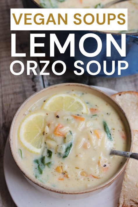 A great vegan lunch option - this fresh Greek Lemon Orzo Soup! Packed with bright lemon flavour, tender orzo pasta and veggies in a savoury plant-based broth.   Super easy to make with simple ingredients; this light yet satisfying soup is the perfect healthy, vegetarian lunch recipe. Greek Lemon Orzo Soup Vegetarian, Vegan Greek Lemon Soup, Vegan Lemon Orzo Soup, Greek Lemon Orzo Soup, Orzo Soup Vegan, Greek Lemon Orzo, Vegan Lemon Orzo, Vegan Greek Recipes, Greek Lemon Soup