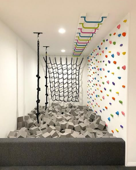 Playroom With Foam Pit, Playground In Basement, Fun Home Interior, Indoor Playroom Design, Kids Indoor Climbing Ideas, Cool Playroom Ideas Modern, Slide In A House, Indoor Sports Room, How To Build A Foam Pit