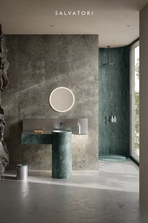 bathroom in natural stone in which stands out the freestanding cylindrical sink, to which is applied a rectangular countertop, all made of natural stone. The shapes of the various elements are geometric and clean and instill a sense of order and modernity. Outdoor Bathroom Design, Washbasin Design, Homes To Love, Washroom Design, Bathroom Redesign, Patricia Urquiola, Outdoor Bathrooms, Toilet Design, Milan Design