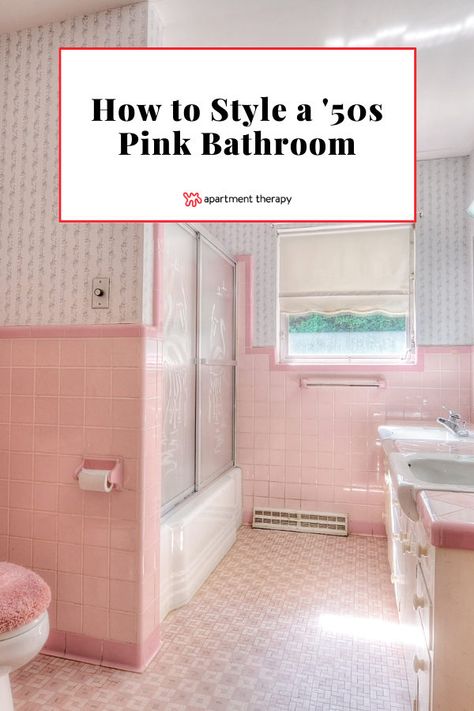 Pink Tile In Bathroom, Pink And Chrome Bathroom, How To Style A Pink Tile Bathroom, Pink Bathroom Update Ideas, What Paint Color Goes With Pink Tile, Pink Tiled Bathroom Ideas, Light Pink Tile Bathroom, Pink Tiles Bathroom Ideas, 1950 Bathroom Ideas