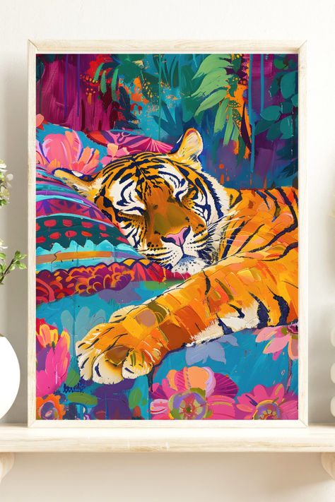 Elevate your space with our vibrant Maximalist Eclectic Tiger digital wall art print! Perfect for adding a splash of the bright color aesthetic to any room, this downloadable dopamine wall art piece bring a fresh and lively touch to your decor. Download and Print today! Tiger Painting Aesthetic, Cool Animal Paintings, Vibrant Painting Ideas, Tiger Bedroom Ideas, Big Paintings For Living Room, Bright Color Aesthetic, Vibrant Maximalist, Eclectic Paintings, Maximalist Eclectic