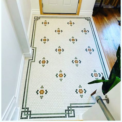 Penny Tile Foyer, 1930s Tile Bathroom, Historic Bathroom Tile, Fun Bathroom Ideas Creative, 1920 Tile, Mudd Room, 1930s Bathroom, Historic Tile, Colony House