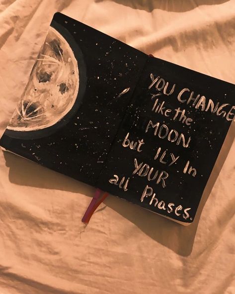 You change like the moon but ILY in your all phases 🌑🌒🌓🌔🌖🌖🌗🌘 .. . . . . . . . #moonart #selenophile🌛 #arttherapy #journalinspiration #journal #journalideas #moonislove #moonlight #artwork #artistsupport #artistsupport To The Moon And Never Back Quotes, Moonlight Artwork, Phases Of The Moon Art, Moon Journaling, The Moon Art, Crafting Room, Canvas Art Painting Abstract, Bullet Journal Ideas Templates, Album Journal