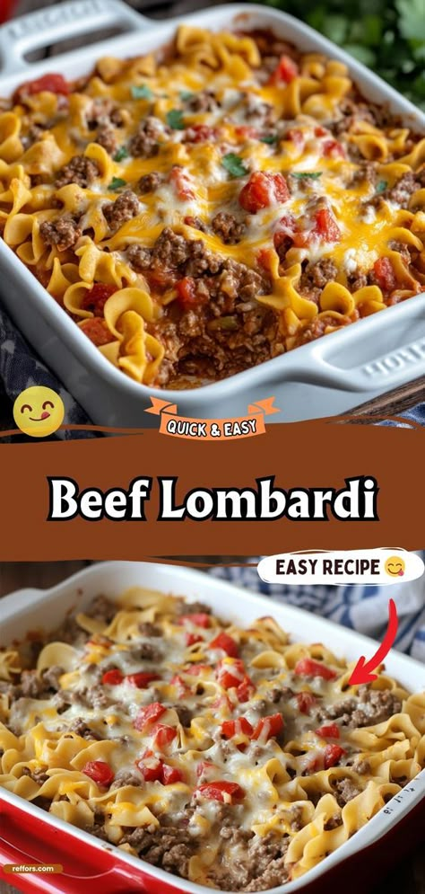 Indulge in the rich, savory flavors of this Beef Lombardi. A hearty casserole layered with beef, noodles, and a creamy sauce, it's a comforting dish that everyone will love. #BeefCasserole #ComfortFood #FamilyDinner Beef Lombardi Recipe, Beef And Macaroni Casserole, Beef Lombardi Casserole 12 Tomatoes, Beef Lombardi Casserole Recipe, Beef Lambordi, Quick And Easy Dinner Recipes With Ground Beef Casseroles, Crazy Good Casserole Recipe, Stewing Beef Recipes Slow Cooker, Beef Lombardi Casserole