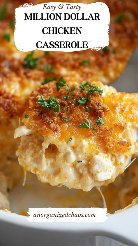 Million Dollar Chicken Casserole Large Family Easy Dinner Ideas, Million Chicken Casserole, Chicken Casserole Corn Flakes, Easy Meals In The Oven, Sunday Dinner Casserole Ideas, Amazing Dinner Ideas Main Dishes, Million Dollar Chicken Recipe, Shredded Chicken Bake Recipes, Simple Dinners With Chicken