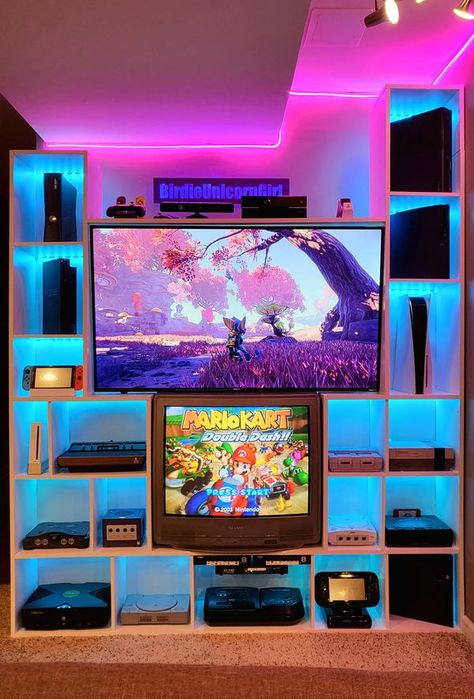 Retro Gaming Nostalgia 80s, 90s & early 00s | Hi all! I just joined and wanted to show a pic of my setup that I finished a few months ago | Facebook Retro Gaming Room, Ultimate Gaming Room, Video Game Organization, Retro Basement, Retro Room Ideas, Nostalgia 80s, Video Game Storage, Video Game Room Decor, Games Room Inspiration