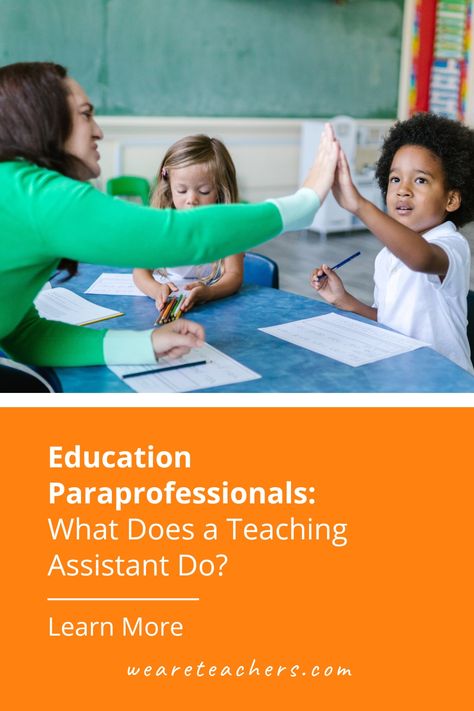 Ever wonder what a teaching assistant does? Learn what being an education paraprofessional involves on a daily basis. Teacher Aide, Teacher Career, Teaching Degree, Preschool Teachers, Education Week, We Are Teachers, Classroom Management Tips, Teachers Aide, Teaching Career