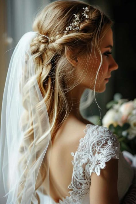 Wedding Hairstyles: Half-up, half-down - HandsomeWedding Wedding Hairstyles For Long Hair Veil, Bridal Half Up Half Down Hair With Veil, Wedding Hairstyles Half Up Half Down With Veil, Wedding Hairstyles For Long Hair With Veil, Hairstyle With Veil, Wedding Hair Veil, Half Up Wedding, Half Up Wedding Hair, Bridal Hair Veil