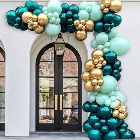 Teal And Gold Balloon Garland, Teal Birthday Party Ideas, Blue Gold Balloon Garland, Double Stuffed Balloons, Stuffed Balloons, Gold Balloon Garland, Wonderland Decorations, Winter Wonderland Decorations, Jack And Jill