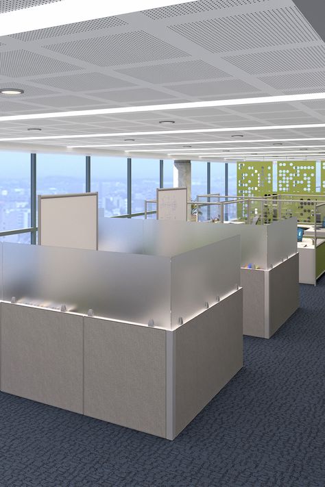 Stackers™ Cubicle Extender Panels // Frosted Acrylic with Flush Mount and Silver Tower Mounts Cubicles Office, Modern Cubicle Design, Cubicle Office Design, Office Cubicles, Modern Cubicle, Modern Office Cubicle Design, Cubical Office Space Ideas, Cubicle Workstation, Modern Office Cubicles Work Stations