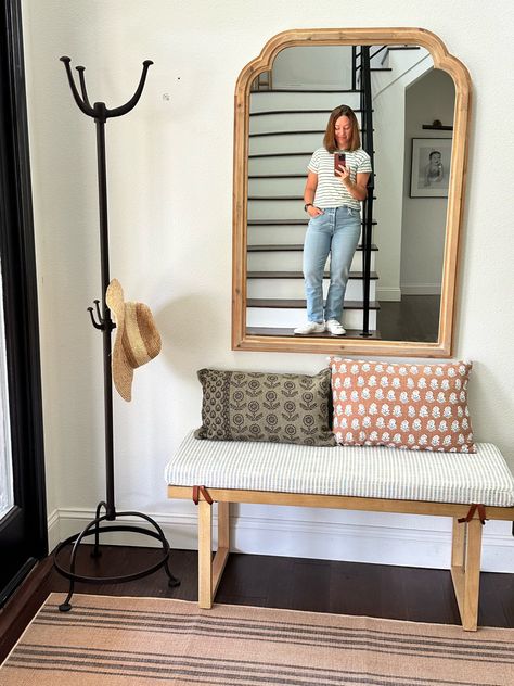 Entryway Coat Rack And Bench With Mirror, Entry Rack Ideas, Entry With Coat Rack, Entry Way Table Mirror, Minimal Entry Way Ideas, Front Entryway Hook Ideas, Wall Mirror With Bench, Entry Chair Entryway, Mirror Coat Rack Entryway