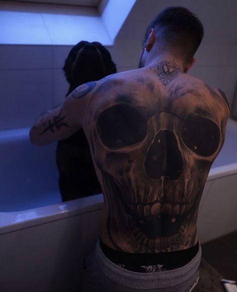 Back Tattoo Full For Men, Skull On Back Tattoo, Skull Tattoo Back Men, Full Back Skull Tattoo For Men, Back Skull Tattoo For Men, Skull Back Tattoo Men, Skull Stomach Tattoos, Big Skull Tattoo, Funny Tattoo Ideas For Men