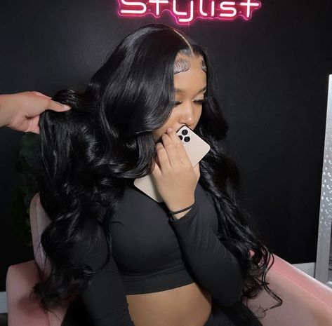 Long Weave With Curls, Straight Wig Curled, Jet Black Wigs For Black Women, Middle Part Frontal Wig With Curls, Middle Part Wig With Curls, Middle Part Frontal Wig, Middle Part With Curls, Side Part Wig With Curls, Madisoncore Aesthetic