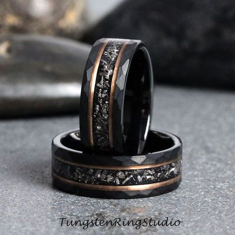 Men's Wedding Ring Black And Gold, Star Wars Wedding Rings For Men, Gothic Male Wedding Ring, Black Meteorite Wedding Band, Tungsten Men’s Wedding Band, Wedding Rings For Men Unique, Men’s Wedding Rings, Unique Mens Wedding Bands, Meteorite Wedding Rings