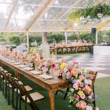 MEGAN & RYAN CURRY Floral Backyard Wedding, Spring Tent Wedding, Spring Wedding Venue Ideas, Spring Indoor Wedding, Checkered Dance Floor Wedding, Printed Dance Floor, Wedding Garden Theme, Spring Backyard Wedding, Wedding Ideas Colorful