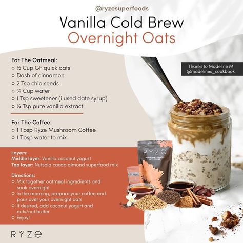 RYZE SUPERFOODS on Instagram: “Is it just us, or is mushroom coffee + overnight oats a match made in heaven? 🤤 If you’re curious to see if it lives up to the hype…” Ryze Mushroom Coffee Recipes, Cold Brew Overnight Oats, Easy Morning Breakfast, Coffee Overnight Oats, Vanilla Cold Brew, Healthy Breakfast Baking, Oats For Breakfast, Breakfast Baking, Ideal Day