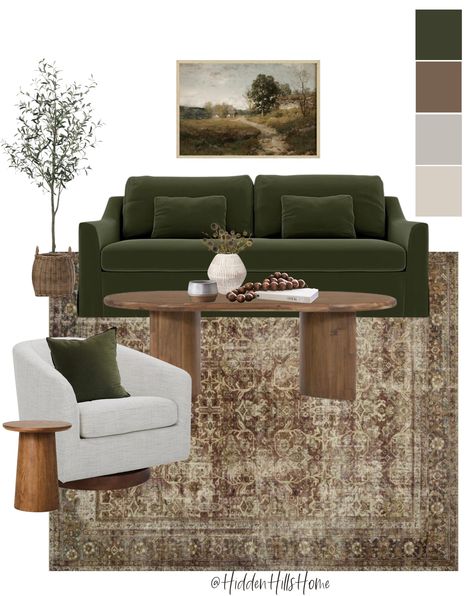 Brown And Green Living Room, Green Couches, Green Couch Living Room, Green Sofa Living Room, Green Living Room Decor, Earthy Living Room, Green Sofa, Shah Alam, Neutral Living Room