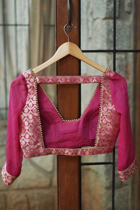 hot,pink,deep neck blouse design Sew Outfits, Clothes Transformation, Brocade Blouse Designs, Long Blouse Designs, Banarasi Brocade, Blouse Designs Catalogue, Backless Blouse Designs, New Saree Blouse Designs, Brocade Blouse