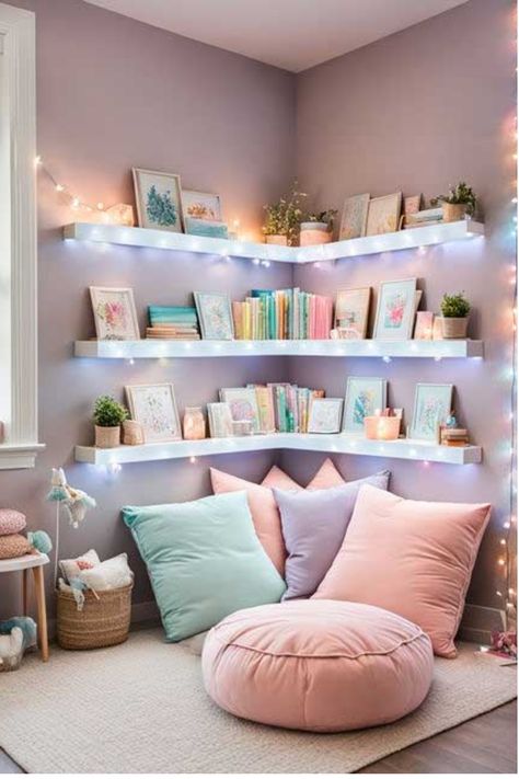 Create a cozy reading nook for girls that sparks a lifelong love of reading. Get inspired by our 12 favorite reading nook ideas and tips to make it happen! Girl’s Room Ideas, Reading Corner In Nursery, Kid Reading Nooks, Cozy Book Reading Corner, Girls Reading Nook Ideas, Two Girls Room Ideas, Kids Reading Nook In Bedroom, Kids Reading Nook Corner, Cool Rooms For Girls