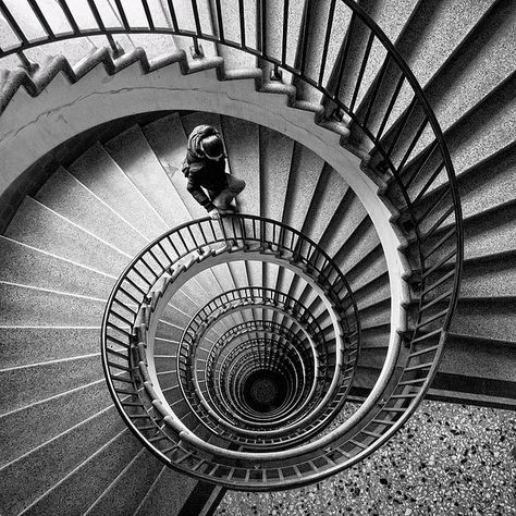 I like the depth in the picture and the focus point as its not directly in the centre of the picture. Line Photography, One Point Perspective, Perspective Photography, 타이포그래피 포스터 디자인, Point Perspective, Perspective Art, Black And White Photograph, The Spiral, Principles Of Design