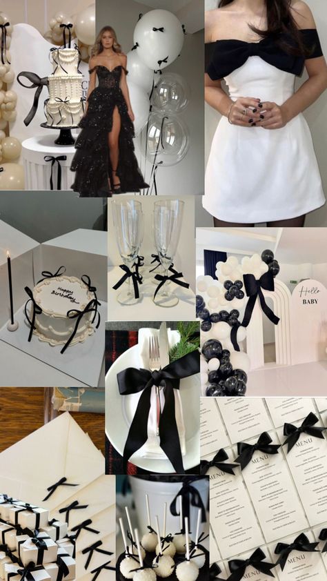 🖤 Black Woman Birthday Party Themes, 18th Birthday Day Ideas, Sweet 16 Party Ideas Black And White, Graduation Party Ideas Black And White, Black And White Bday Party Ideas, Black Tie 18th Birthday Party, Sweet 16 Black And White Theme, White And Black Party Theme, 18th Birthday Party Ideas Black And White