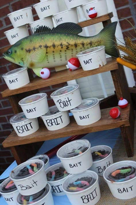 Fishing Birthday Party For Men Centerpieces, Fish Themed Retirement Party, Snacks For Fishing Party, Shark Themed Party Favors, Fishing Birthday Favors, Bait Cups Dessert, The Big One Fishing Birthday High Chair Banner, Fishing Theme Decor, Fish Themed Birthday Party Games