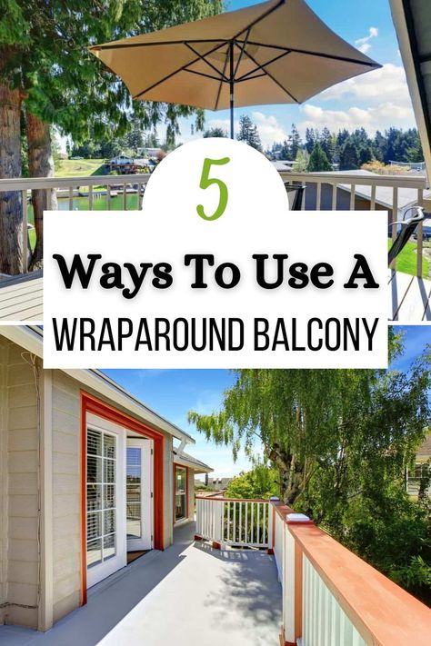 A wraparound balcony has plenty of benefits over a standard balcony. Most notably, they’re bigger. But figuring out what to do with all this space can be overwhelming. To get you started, here are 5 ways to use a wraparound balco Wraparound Balcony Ideas, Wrap Around Deck Decorating Ideas, Wrap Around Balcony Ideas, Large Balcony Ideas Apartment, Large Balcony Ideas, Wrap Around Balcony, Balcony Privacy, Patio Flowers, Wrap Around Deck