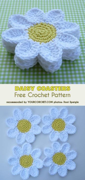 I would so use these cute Daisy Flower Coasters in my kitchen for drinks! - #Freecrochetpatterns #crochet #daisies #flowers Coasters Ideas, Crochet Coasters Free Pattern, Flower Coasters, Crochet Coaster Pattern, Crochet Daisy, Haken Baby, Granny Squares Pattern, Ideas Crochet, Crochet Flower Patterns