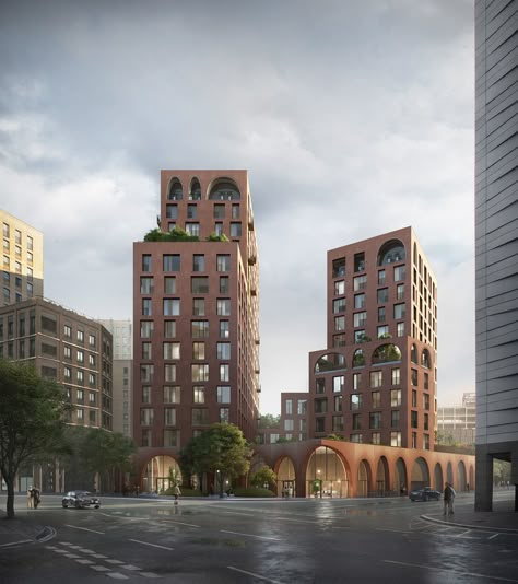 Alison Brooks, Urban Block, High Building, Internal Courtyard, Tall Buildings, Brick Architecture, Apartment Architecture, Brick Facade, Architecture Rendering