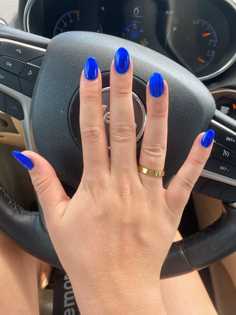 Dark Blue Round Acrylic Nails, Cute Royal Blue Nails For Prom, Simple Nails For September, Blue Almond Short Nails, Royal Blue Nails Round, Royal Blue Acrylic Nails Short Almond, Megan Moroney Blue Nails, Bright Royal Blue Nails, Bright Dark Blue Nails