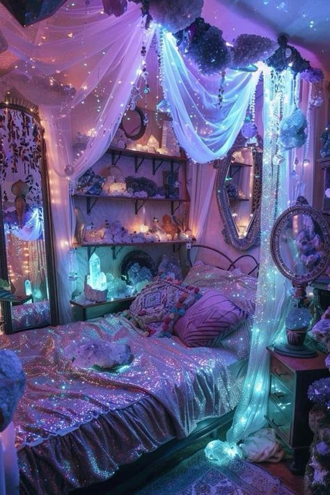 Room Decor Ideas Witchy, Double Window Bedroom Ideas, Room Inspo Witchy, Ethereal Aesthetic Bedroom, Crystals Aesthetic Bedroom, Space Bedroom Aesthetic, Bed Curtain Ideas, Space Room Aesthetic, Cozy Witchy Bedroom