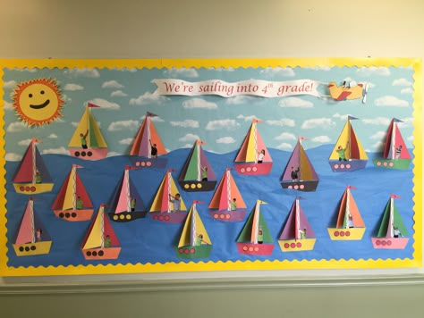 Sailboat Bulletin Board Ideas, Sandcastle Bulletin Board, Sailing Into Summer Bulletin Board, Summer Kindergarten Decoration, Boat Bulletin Board, Sailing Bulletin Board, Beach Bulletin Board Ideas, Transportation Bulletin Board, July Bulletin Board