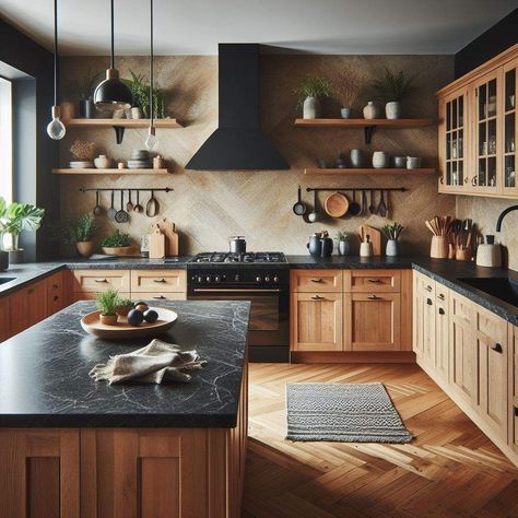 Dark Countertops Light Wood Cabinets, Black Countertop Oak Cabinets, Natural Wood Cabinets Black Countertops, Oak Kitchen With Black Countertops, Black Countertops Oak Cabinets, Oak Cabinets Black Countertop, Charcoal Countertops, Oak Cabinets With Black Countertops, Black Countertops Wood Cabinets