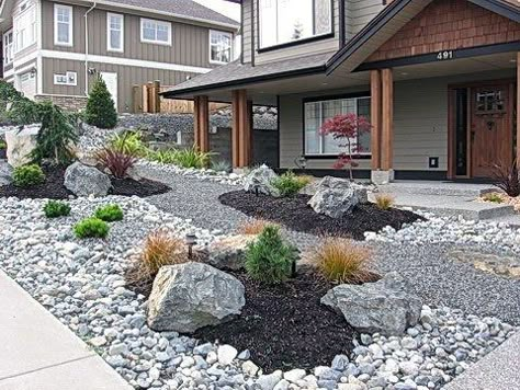 Top 50 Best River Rock Landscaping Ideas - Hardscape Designs Xeriscape Front Yard, Rock Yard, Xeriscape Landscaping, Mulch Landscaping, River Rock Landscaping, Small Front Yard Landscaping, Hardscape Design, Rock Garden Design, Rock Landscaping