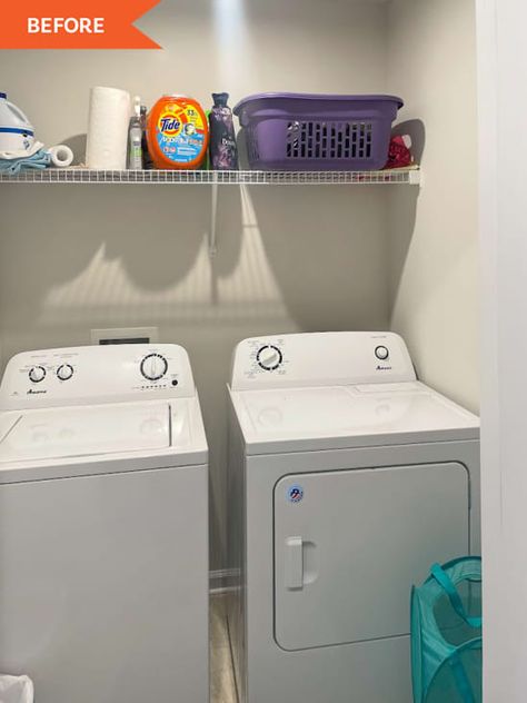 Small Laundry Room Makeover Top Loader, Laundry Room Organization Shelves, Diy Drying Rack, Basement Laundry Room Ideas, Realistic House, Laundry Room Redo, Shelf Makeover, Laundry Room Decor Ideas, Basement Decoration