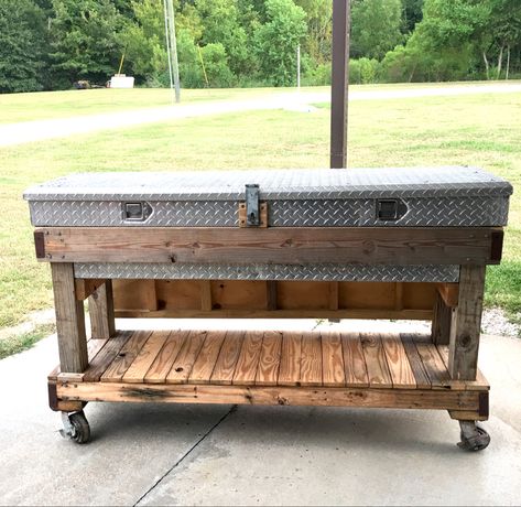 Repurposed Aluminum Truck Box Truck Tool Box Repurposed, Truck Toolbox Ideas, Truck Tool Box Ideas, Toolbox Ideas, Shop Hacks, Grilling Area, Garage Workbench, Small Cabin Plans, Rolling Tool Box