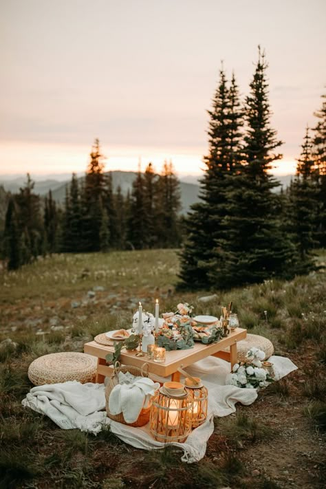 A lavish wedding picnic set up among the trees and wildflowers in the alpine of Manning Park at sunset Picnic Style Wedding Ceremony, Private Picnic Ideas, Garden Picnic Wedding Ideas, Picnic Wedding Proposal, Boho Picnic Set Up, Mountain Picnic Aesthetic, Boho Picnic Decor, Romantic Fall Picnic, Picnic In Mountains