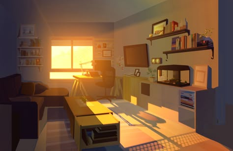 Night Room Illustration, Living Room Concept Art, Digital Art Lighting, Animation Background Art, Enviroment Art, Light Studies, Interior Concept Art, Book Art Projects, Room Drawing