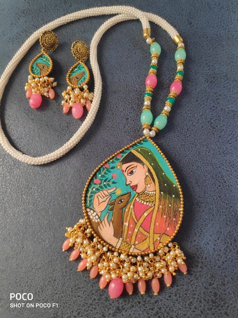 Hand-painted jewellery Hand Painted Earrings Indian, Ganjifa Art, Hetal's Art, Painting Jewellery, Hand Painted Jewellery, Painted Jewellery, Diy Earrings Materials, Handmade Saree, Terracotta Jewellery Designs