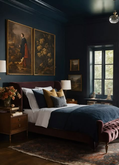 Moody Bedroom, Dark Bedroom, Dark Home Decor, Dark Home, Vintage Bedroom, Bedroom Vintage, Primary Bedroom, Blue Bedroom, Master Bedrooms Decor